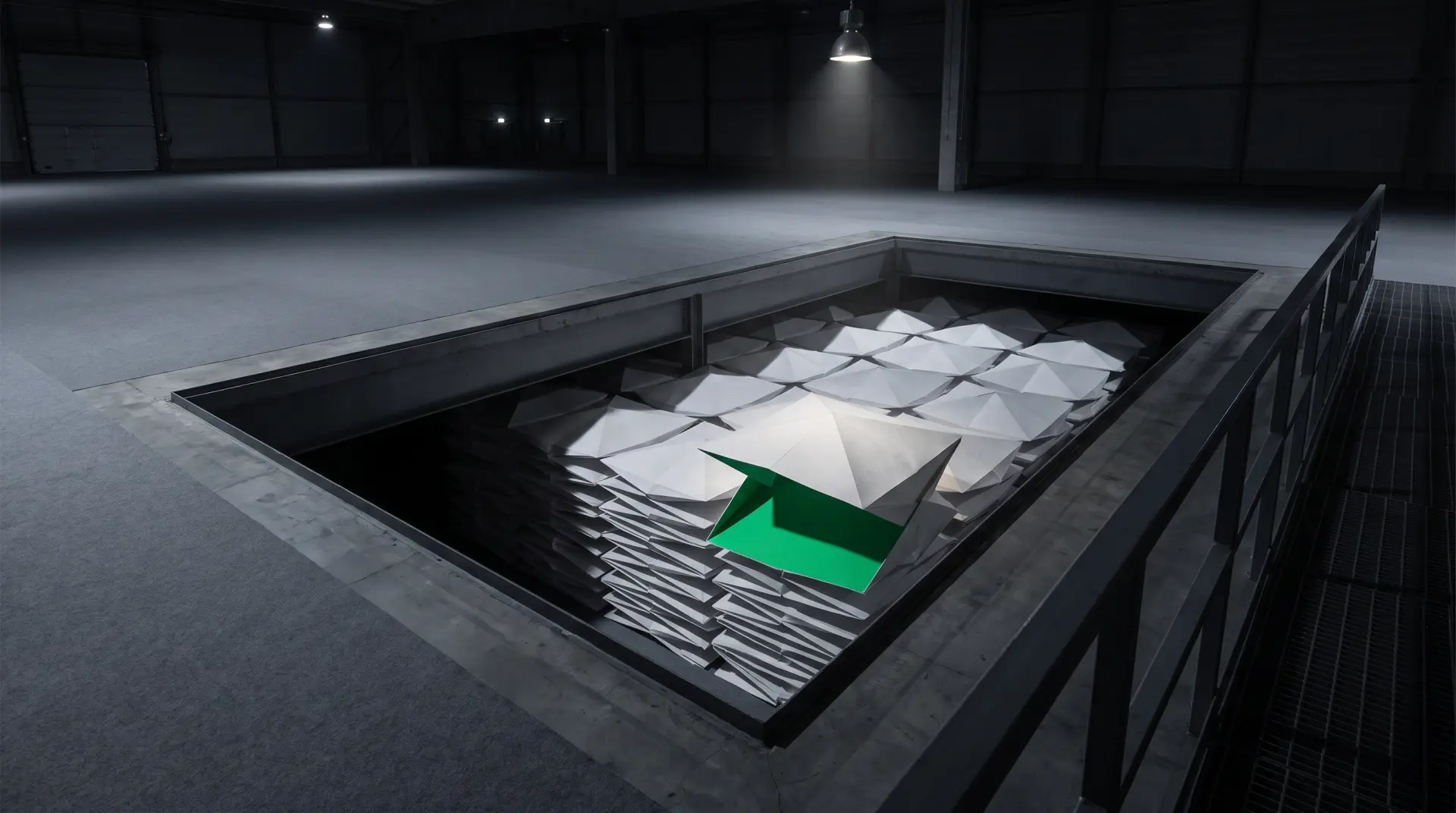Un piso de bodega vacío abierto en una zanja rectangular; debajo, cientos de poliedros de papel blanco sellados en estratos, uno abriendo un pliegue verde.